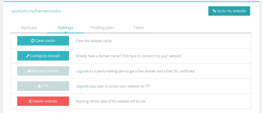 Themecloud Settings dashboard